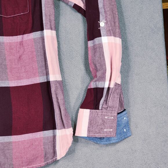 Tommy Hilfiger Button Up Shirt sz M Women Buffalo Plaid Red Purple Pink Roll Tab - Picture 10 of 12